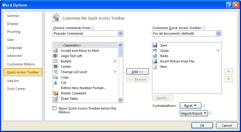 description: image showing the word options dialog box. the quick access toolbar category is selected.