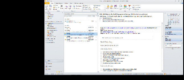 screenshot: outlook window with the following areas labelled: quick access toolbar, title bar, ribbon, navigation pane, message pane, and reading pane.
